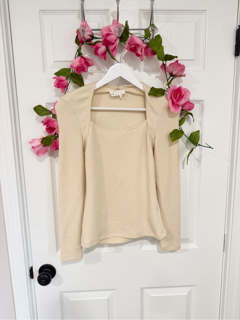 Anthropologie Cream Ribbed Long Sleeve Square Neck Top - Picture 2 of 7